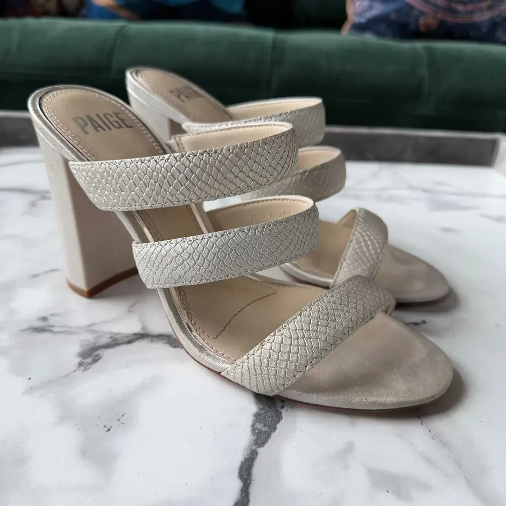 PAIGE Nora Snakeskin Embossed Leather Sandal in Pearl Size 8 - Picture 2 of 10